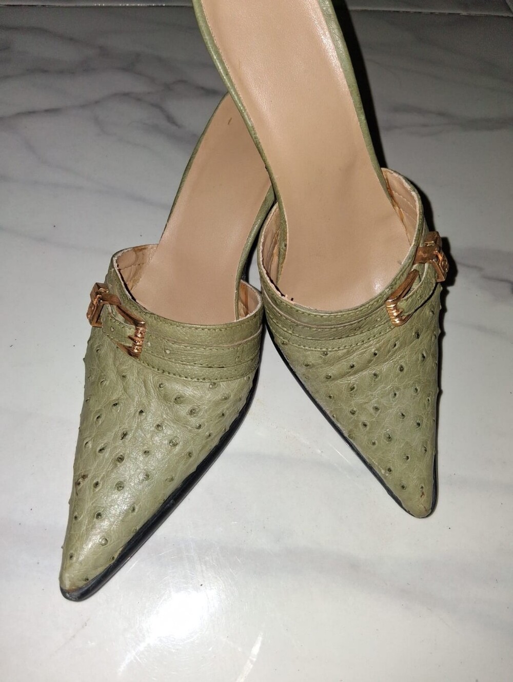 Exotic Ostrich LeatherWomen’s Pointed Toe Mule in Olive Green with Gold Buckle